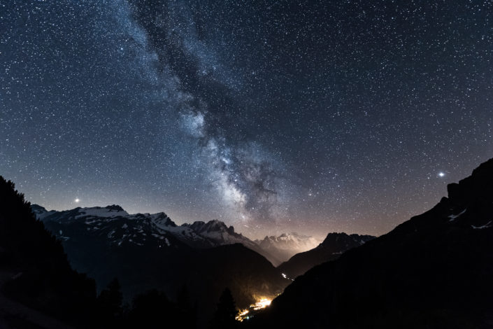 Milky Way over the Mont Blanc and Chamonix, with Mars, Saturn & Jupiter