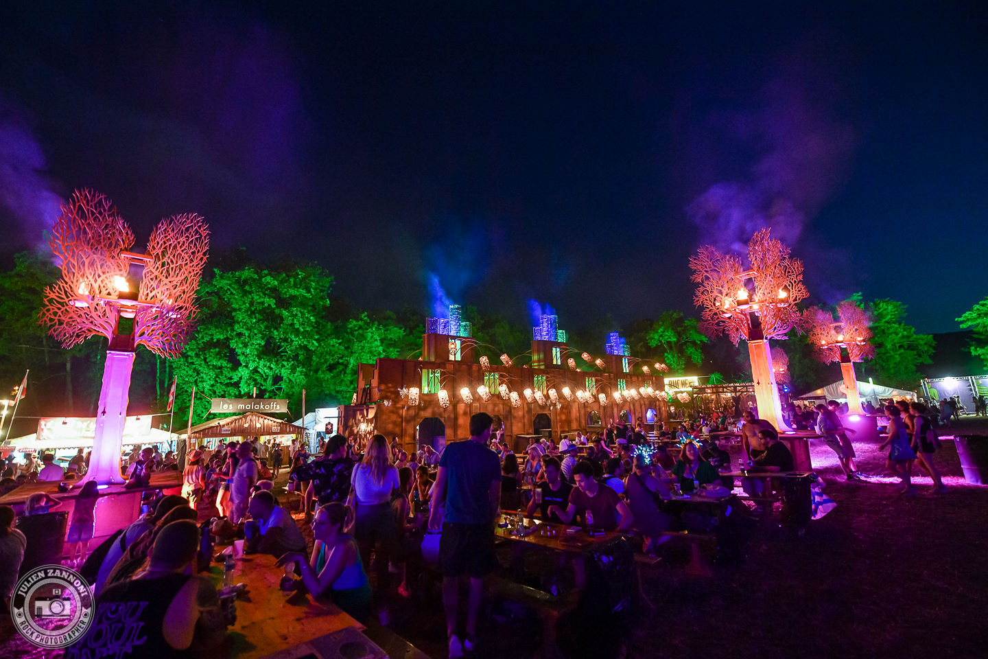 Foule nocturne illuminée par des projecteurs multicolores lors d’un concert en plein air au Paléo Festival 2022
