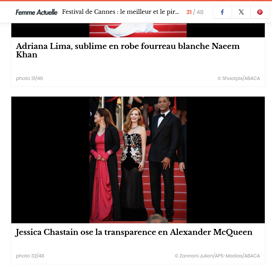 Capture d’écran de Femme Actuelle montrant une photo de Jessica Chastain sur le tapis rouge, crédit © ZANNONI / agence de presse