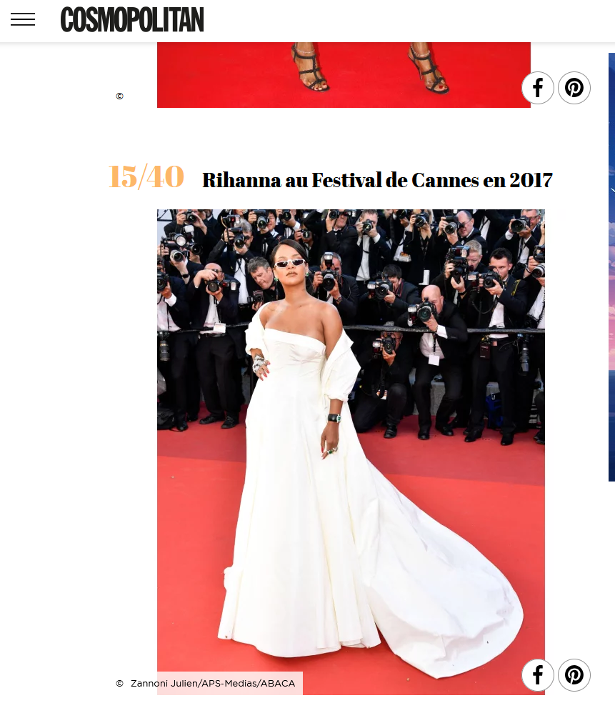 Capture d’écran de Cosmopolitan montrant une photo de Rihanna sur le tapis rouge du Festival de Cannes