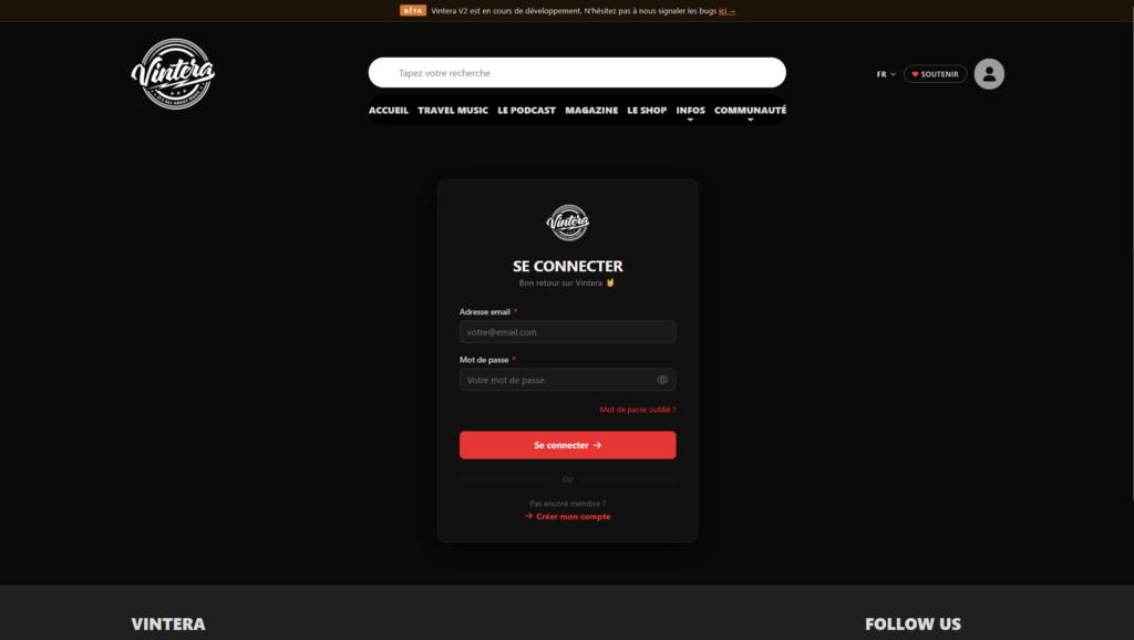 Page d’inscription et connexion au réseau social Vintera