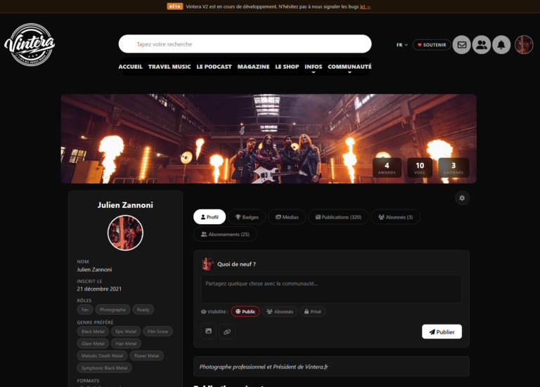 Profil utilisateur sur la plateforme Vintera avec statistiques et informations musicales