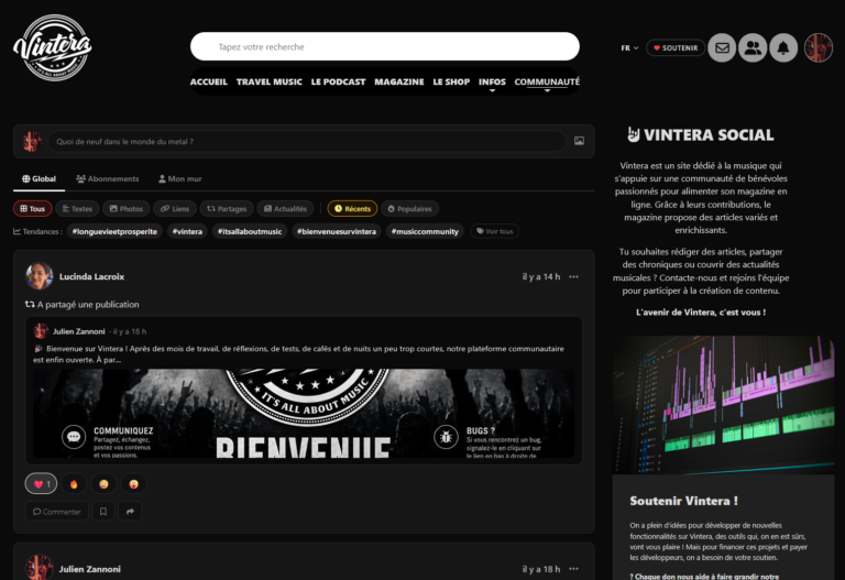 Fil d’actualité du réseau social Vintera avec publications musicales