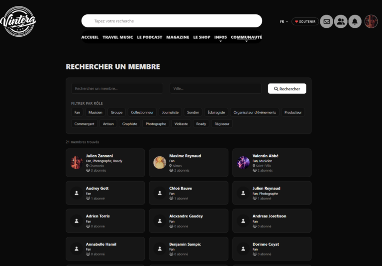 Liste d’amis et abonnements sur le réseau social Vintera