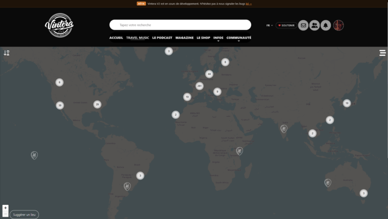 Carte interactive Travel Music de Vintera avec lieux liés à la musique